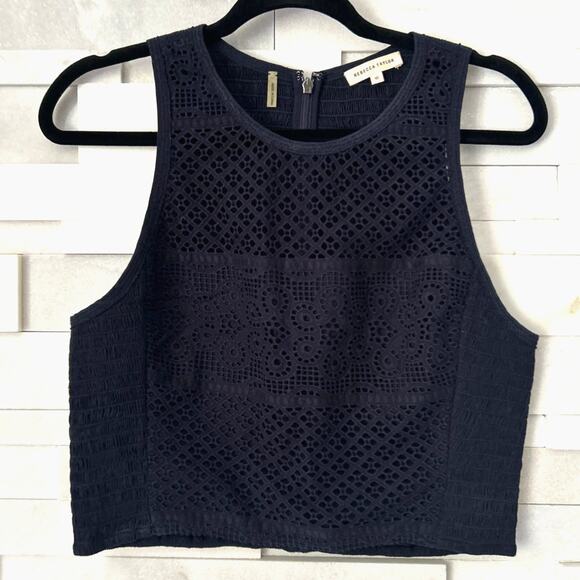 Rebecca Taylor Maise Sheer Smocked Eyelet Navy Blue Cropped Cotton Tank Top 10 - Picture 2 of 9